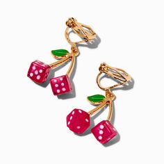 Get ready to play in these easy clip-on earrings. The gold-tone designs look like delicious cherries made out of dice. Finish: Gold-toneDrop: 1 in. / 2.54 cm.Closure: Clip on Material: Plastic - Claire's Cherry Dice 1" Clip-On Drop Earrings Clip On Earrings Aesthetic, Playful Adjustable Dangle Jewelry, Playful Adjustable Nickel-free Jewelry, Playful Nickel-free Drop Earrings, Retro Adjustable Drop Earrings, Adjustable Retro Drop Earrings, Playful Red Hypoallergenic Jewelry, Cute Colorful Clip On Earrings, Cute Cheap Clip-on Earrings