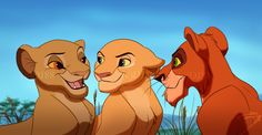 the lion king and his cubs are looking at each other