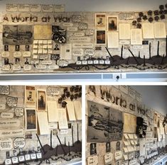 several photographs of old newspapers and other items on display in a museum setting with words written all over them