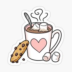 a cup of hot chocolate with marshmallows and a cookie sticker