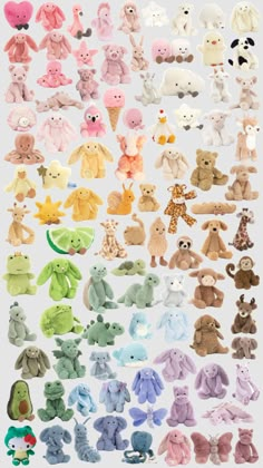 many different stuffed animals are arranged in rows