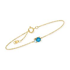 Ross-Simons - .30ct London Blue Topaz Bracelet, Swiss Blue Topaz, Diamond Accents. 6.5". RS Pure. Modern designs that complete your outfit and complement your personality. Stationed on a simple rope chain with a 1/2" extender, a .30 carat London blue topaz with a Swiss blue topaz and diamond accents shimmer in polished 14kt yellow gold. This dainty bracelet gives you the subtle dose of color your stack needs. Springring clasp, London blue topaz bracelet. Blue Topaz birthstones are the perfect gi Blue Birthstone Bracelets Fine Jewelry, Blue Birthstone Bracelets In Fine Jewelry Style, Formal Yellow Gold Bracelets With Blue Topaz, Yellow Gold Bracelets With Blue Topaz For Gift, Yellow Gold Bracelet With Blue Topaz For Gifts, Yellow Gold Blue Topaz Bracelets Gift, Formal Blue Topaz Bracelets, Formal Blue Topaz Blue Bracelets, Topaz Bracelet