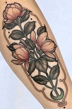 a woman's leg with flowers on it and the words 50 + floral tattoo inspiration for