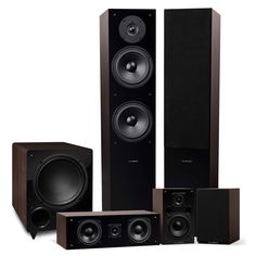 an array of speakers and subwoofers are shown in this image, with one speaker facing the camera