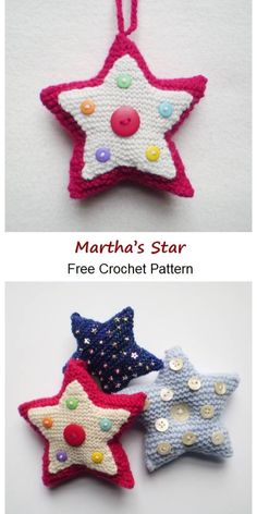 three crocheted stars with different colors and sizes are shown in the same pattern