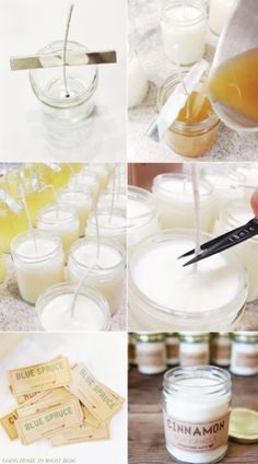 the process of making homemade face creams is shown in four different pictures, including jars and spoons