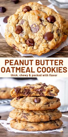 peanut butter oatmeal cookies stacked on top of each other with chocolate chips