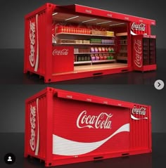 two red containers with coca - cola's in them are shown side by side