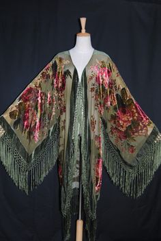 Art to  Color Flower Burnout Velvet Fringe Opera Duster Kimono Jacket Coat Green Velvet Fringe Kimono, Velvet Fringe, Green Kimono, Opera Coat, Sheer Jacket, Velvet Kimono, Fringe Kimono, Burnout Velvet, Velvet Coat