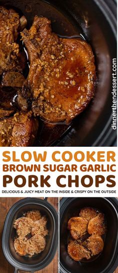 slow cooker brown sugar garlic pork chops in a crock pot with text overlay