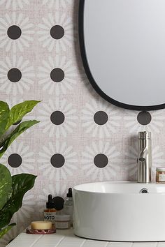 a white sink sitting under a round mirror next to a potted plant on top of a counter