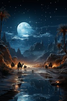 three camels are walking through the desert at night with stars and moon in the sky