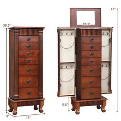 an image of a tall wooden cabinet with drawers and mirrors on it's sides