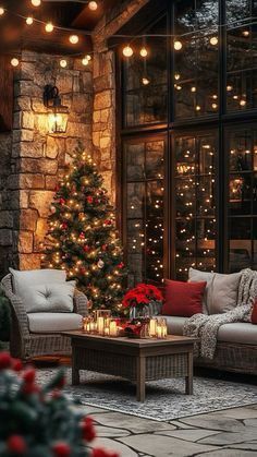 a living room filled with furniture next to a christmas tree covered in lights and decorations