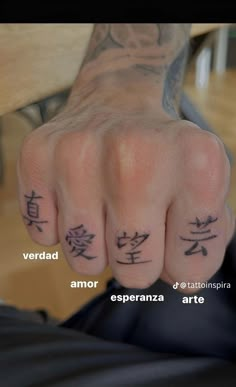 two fingers with different tattoos on them