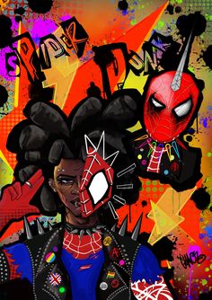 an image of a woman with spiderman masks on her face and hair in front of colorful background