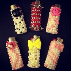 six cell phone cases are decorated with pearls and bows