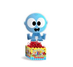 a cartoon character standing on top of a candy box