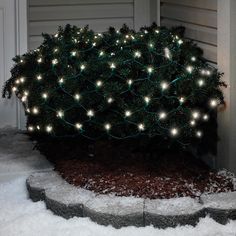 a small christmas tree with white lights on it in front of a house covered in snow