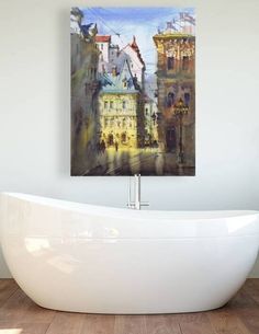 a bathtub sitting on top of a hard wood floor next to a white wall