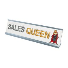 a white sign that says sales queen with a cartoon character on the front and sides