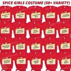 12 pairs of red shirts with price tags for each one, which reads spice girls costume 50 variety