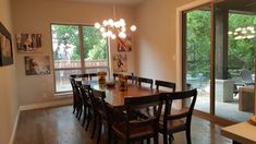 a dinning room table and chairs in front of sliding glass doors that look out onto the backyard