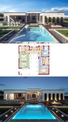 two different views of a house with swimming pool in the middle and an open floor plan on