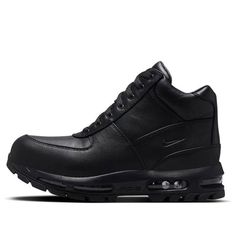 The Nike ACG Air Max Goadome 'Triple Black' boot is the perfect footwear choice for taking on any adventure, no matter the conditions. The All Conditions Gear construction ensures your feet will stay dry and comfortable, no matter what mother nature throws your way. The full-grain black leather upper is not only stylish but also features a gusseted tongue to keep out any debris. Perforations throughout provide ventilation, while a protective bumper is featured on the toe. The Triple Black mid-cut boot also comes with a visible full-length Max Air unit which provides unmatched comfort and support. Finally, the All-Trac rubber outsole with rugged lug pattern ensures you'll have traction on any surface. (SNKR) Nike High-top Hiking Boots For Streetwear, Black Waterproof Lace-up Boots For Walking, Nike Lace-up Combat Boots For Outdoor, Nike High-top Waterproof Boots For Streetwear, Nike Waterproof Boots For Streetwear With Round Toe, Nike Waterproof Boots With Round Toe For Streetwear, Waterproof Mid-top Walking Boots, Sporty Waterproof Ankle Boots With Vibram Sole, Sporty Ankle Waterproof Boots With Vibram Sole