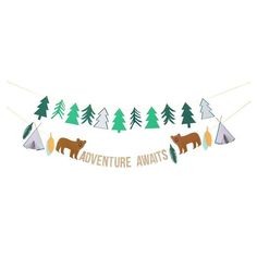 the adventure await banner with bears and trees