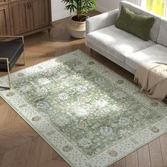 a living room filled with furniture and a rug on top of a hard wood floor