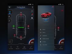 two screens showing the different features of a car