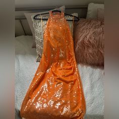 Stunning Sequin Halter Dress In A Bright And Beautiful Tangerine Shade. Fully Lined. Nwt And Never Worn! Orange Sequined Dress For Party, Orange Maxi Party Dress, Orange Maxi Length Party Dress, Fitted Orange Maxi Dress For Party, Halter Sequin Dress, 70s Disco Dress, Sequin Halter Dress, Sequin Halter, Caroline Constas