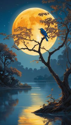 a painting of a blue bird perched on a tree branch in front of a full moon