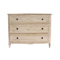 a wooden dresser with three drawers on one side and two knobs on the other