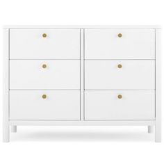 a white dresser with four drawers and two gold knobs on the top, against a white background