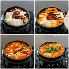 four pictures showing different stages of cooking food in a pot on top of the stove