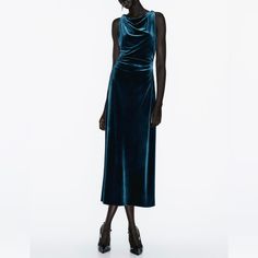 Sleeveless Dress With A Cowl Neckline And Twisted Shoulders. Fitted Waist With Gathered Sides. Outer Shell 94% Polyester 6% Elastane Lining 94% Polyester 6% Elastane Blue Velvet Midi Dress, Duck Blue, Party Mode, Draped Midi Dresses, Velvet Midi Dress, Belted Midi Dress, Pleated Midi Dress, Green Midi Dress, Stevie Nicks