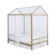 a bed with a white canopy and curtains on the top, in front of a white background