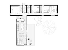 the floor plan for a modern house with two levels and an open living room, dining area