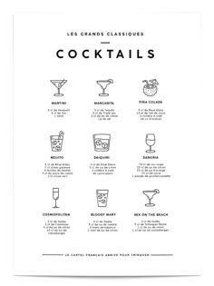 a poster with different types of cocktails and their names in black on a white background