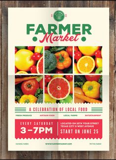 a poster for farmers market with various fruits and vegetables on the front, including brochure