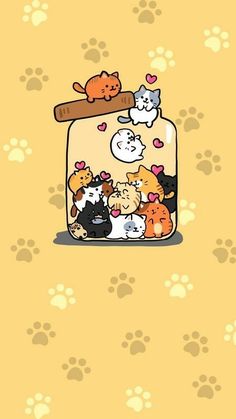 an open jar filled with cats and dogs on top of a yellow wall covered in paw prints