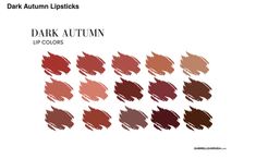 Dark Autumn Makeup Lipsticks, Dark Autumn Lipstick, Warm Skin Tone Colors, Seasonal Analysis, Deep Autumn Makeup, Deep Autumn Palette, Soft Autumn Deep, Autumn Deep