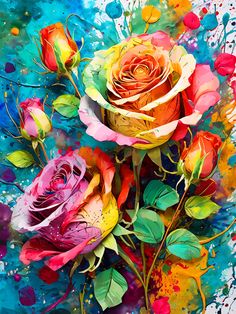 three colorful roses are in the middle of some paint splattered watercolors