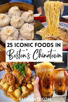 Grid of 4 pictures including soup dumplings from Taiwan Cafe in Boston's Chinatown, Ramen in Chinatown, Hong Kong Egg puffs from Shojo, and Brown Sugar Boba from Tiger Sugar. There is white text saying "25 Iconic Foods in Boston's Chinatown" in the center. White text saying "sachaeats.com" at the bottom of the image. Places To Eat In Boston Ma, Boston Chinatown Restaurant, Chinatown Boston Massachusetts, Boston Where To Eat, Boston Foodie Guide, Best Food In Boston, Boston Food Bucket List, Best Places To Eat In Boston, Boston Souvenirs