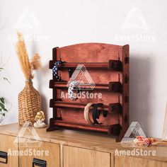 a wooden shelf with some items on top of it