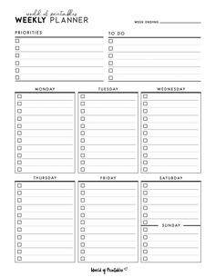 the printable weekly planner is shown in black and white