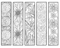 four flowered bookmarks are shown in black and white