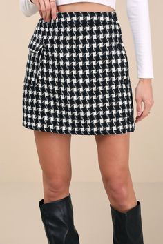 Cute and classic? What's not to like about the Native Youth Ada Black and White Houndstooth Mini Skirt! Brushed, wool-like jacquard fabric boasts a timeless houndstooth pattern as it shapes a high-rise fit and a figure-skimming, A-line silhouette that secures with a functional button placket along the side (and internal button closure at the waist). A single flap pocket and a flirty mini hem complete the look. Pair with the matching jacket for a complete look! Length: Size medium Fabric: Fabric Houndstooth Mini Skirt, Classy Winter Outfits, Casual Formal Dresses, Houndstooth Skirt, Lulu Fashion, Casual Wedding Dress, White Houndstooth, Houndstooth Pattern, White Skirt